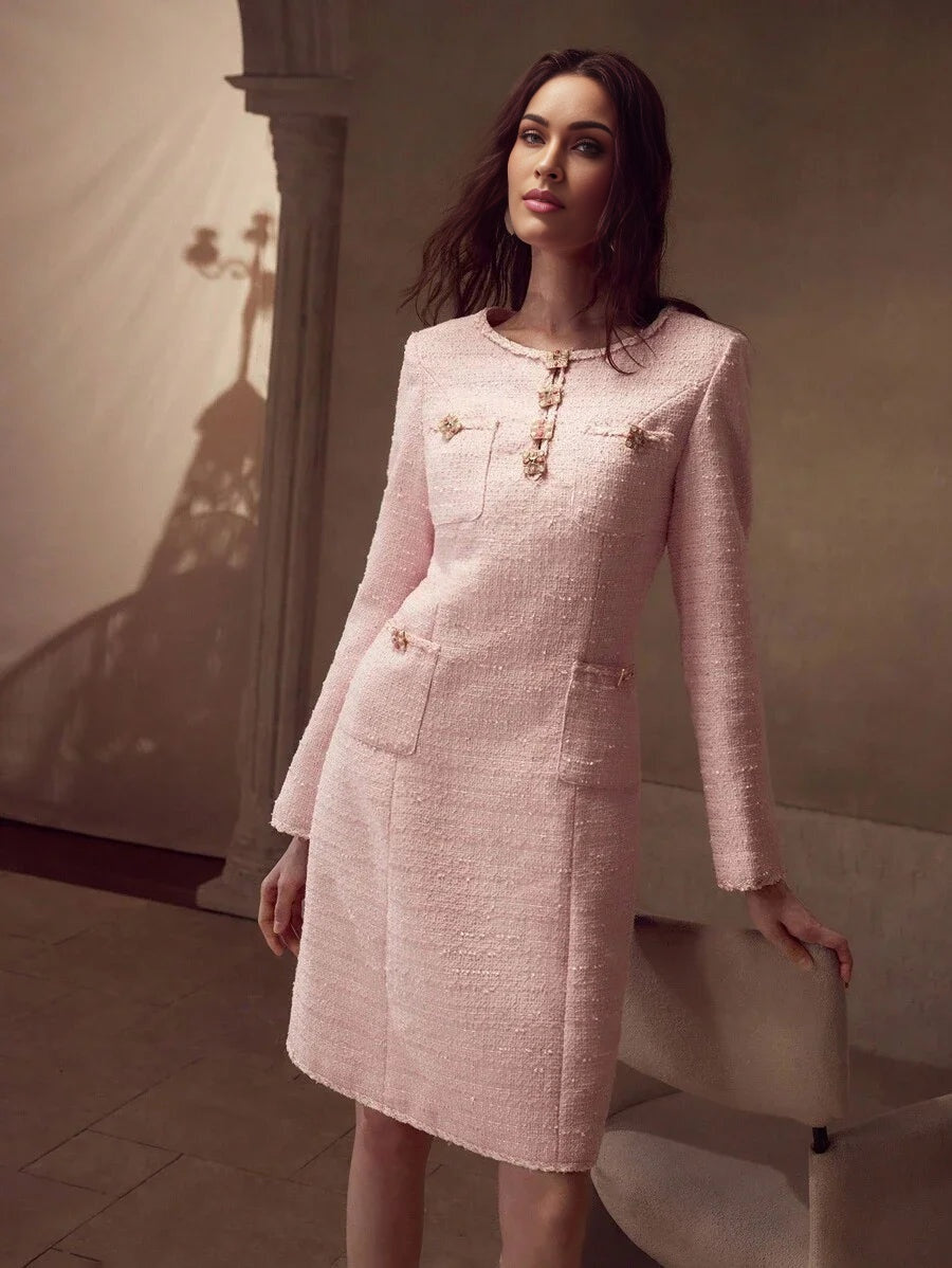 PREMIUM TWEED PATCH POCKET BEADED SHORT DRESS