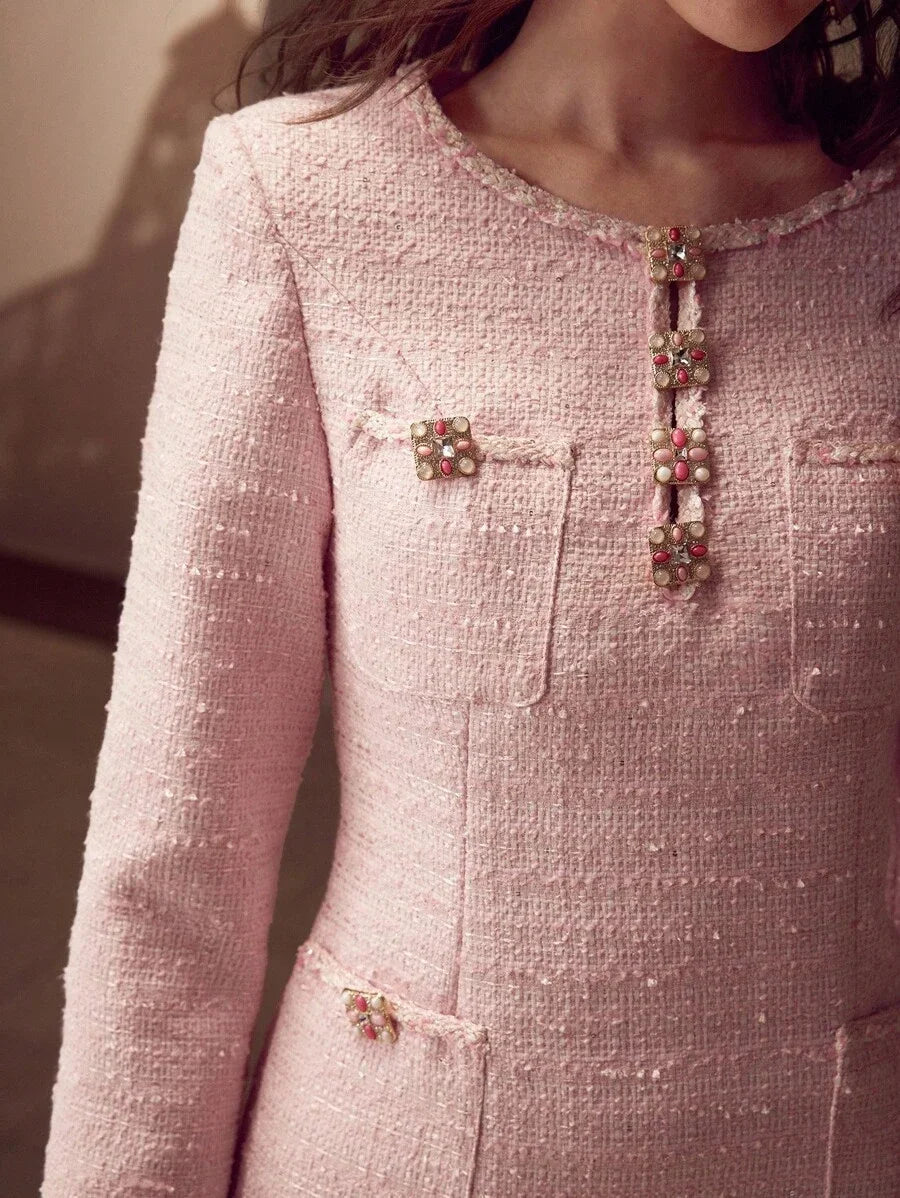 PREMIUM TWEED PATCH POCKET BEADED SHORT DRESS