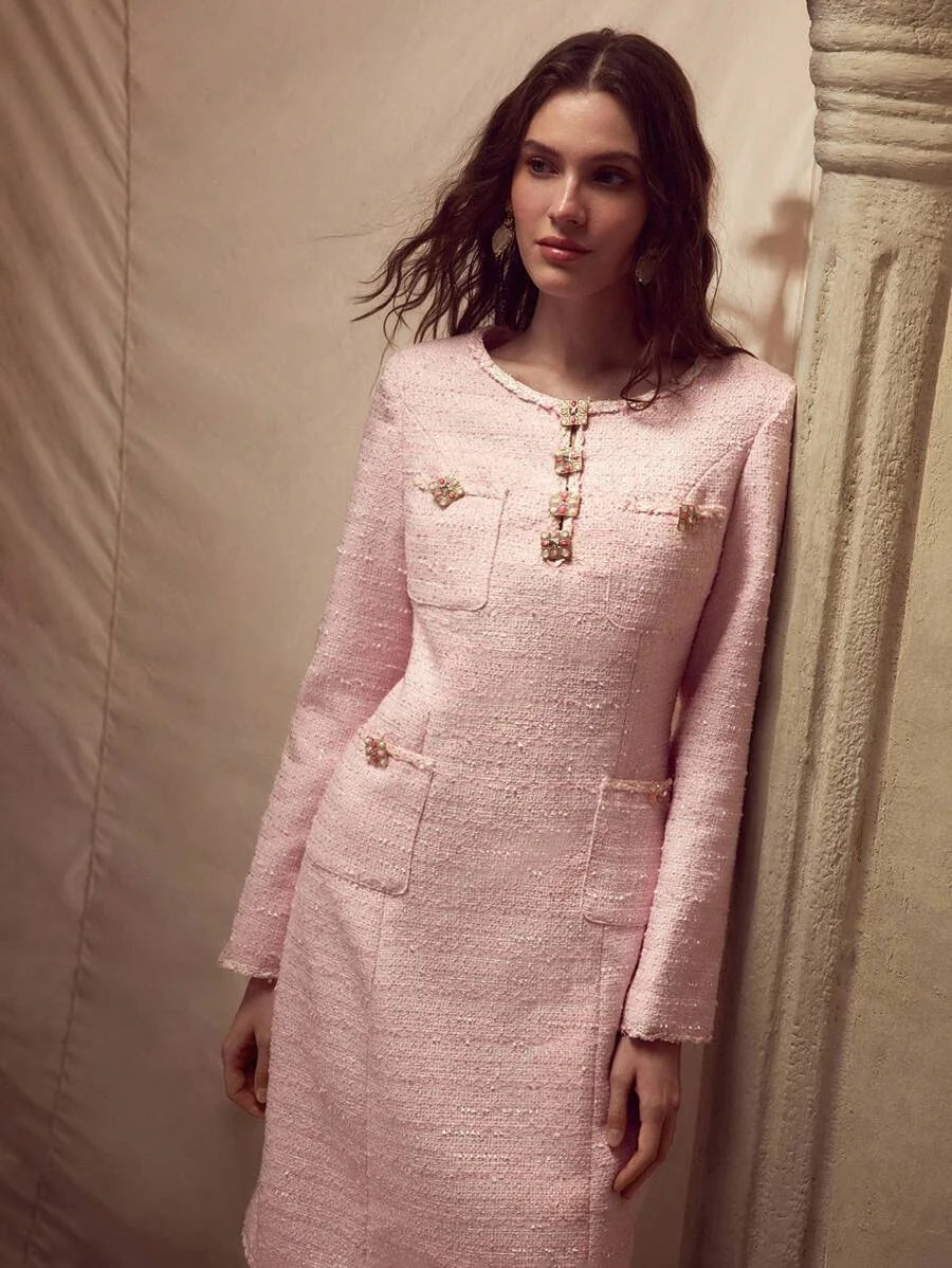 PREMIUM TWEED PATCH POCKET BEADED SHORT DRESS