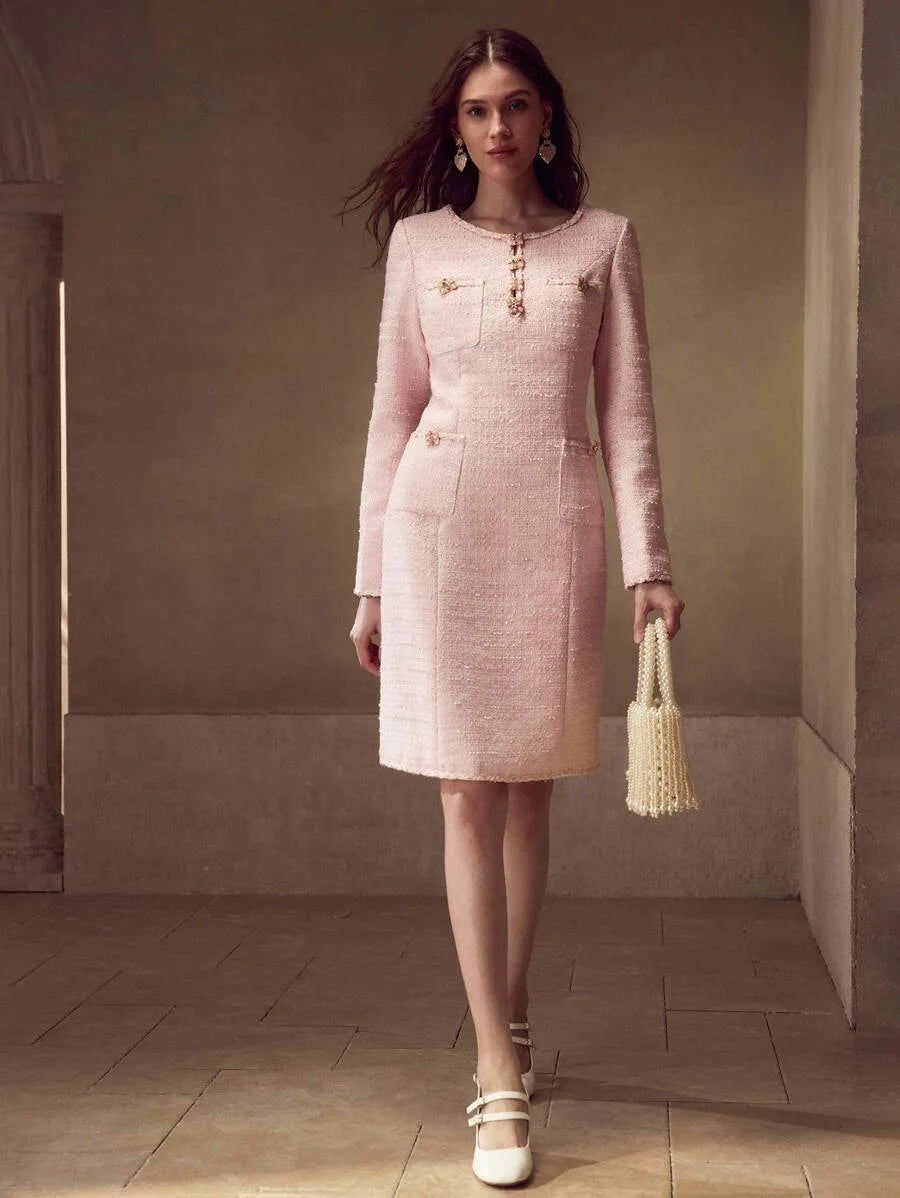 PREMIUM TWEED PATCH POCKET BEADED SHORT DRESS