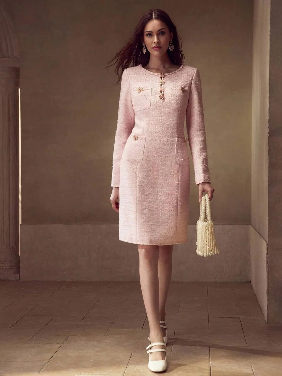 PREMIUM TWEED PATCH POCKET BEADED SHORT DRESS