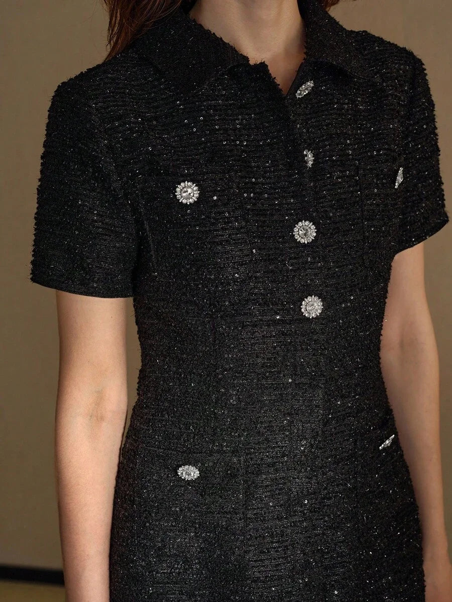 PREMIUM TWEED RHINESTONE DETAIL PATCH POCKET DRESS