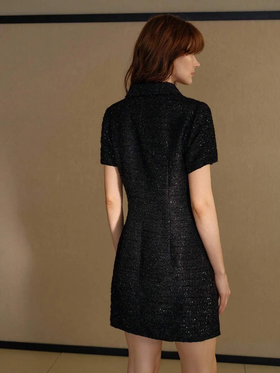 PREMIUM TWEED RHINESTONE DETAIL PATCH POCKET DRESS