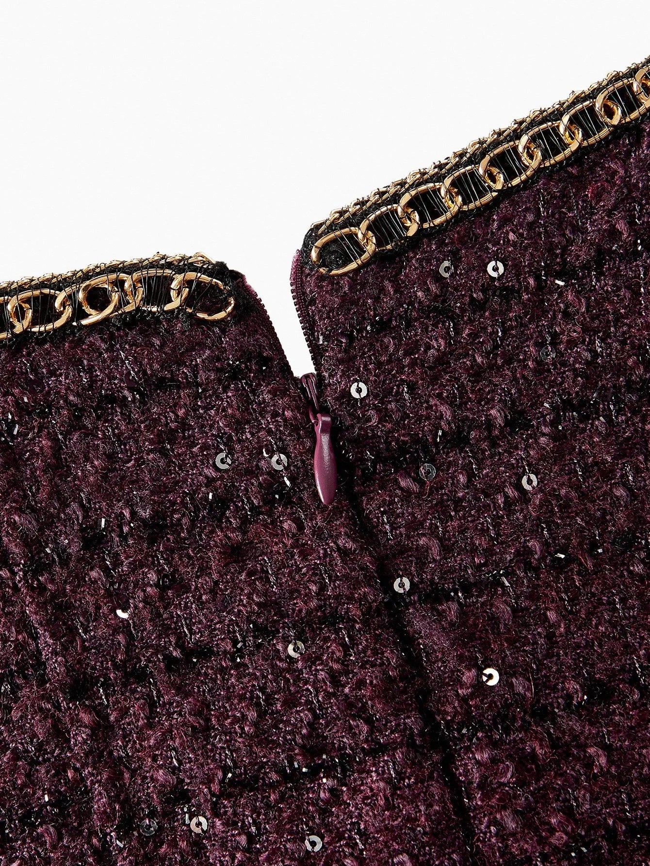 PREMIUM TWEED SEQUINS CONTRAST CHAIN TAPE TRIM SLEEVELESS SHORT DRESS