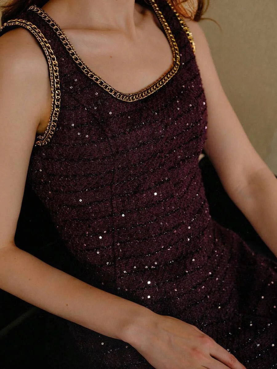 PREMIUM TWEED SEQUINS CONTRAST CHAIN TAPE TRIM SLEEVELESS SHORT DRESS