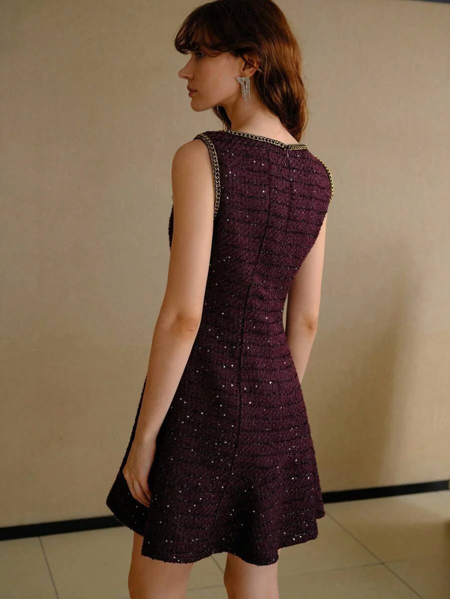 PREMIUM TWEED SEQUINS CONTRAST CHAIN TAPE TRIM SLEEVELESS SHORT DRESS