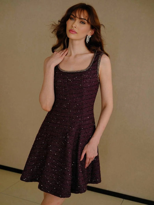 PREMIUM TWEED SEQUINS CONTRAST CHAIN TAPE TRIM SLEEVELESS SHORT DRESS