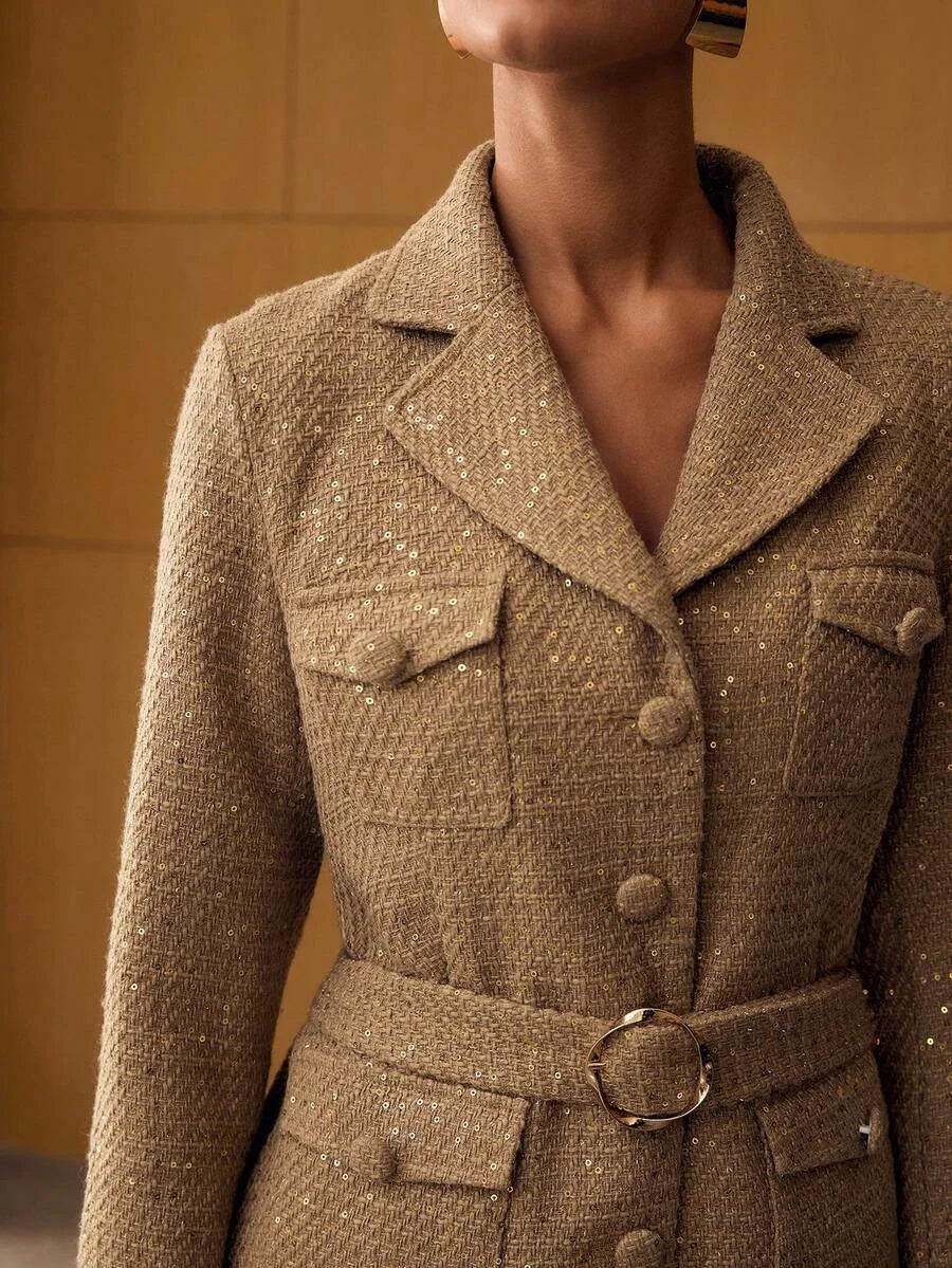 PREMIUM TWEED SEQUINS LAPEL COLLAR FLAP POCKET BUCKLE BELTED OVERCOAT