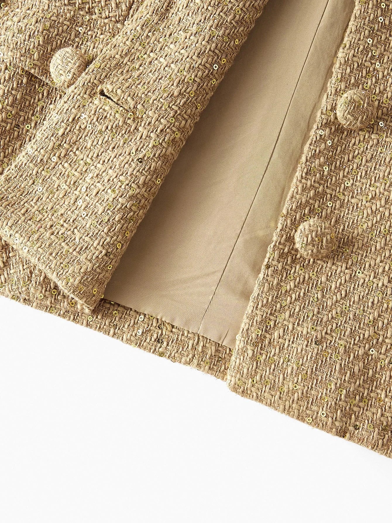 PREMIUM TWEED SEQUINS LAPEL COLLAR FLAP POCKET BUCKLE BELTED OVERCOAT