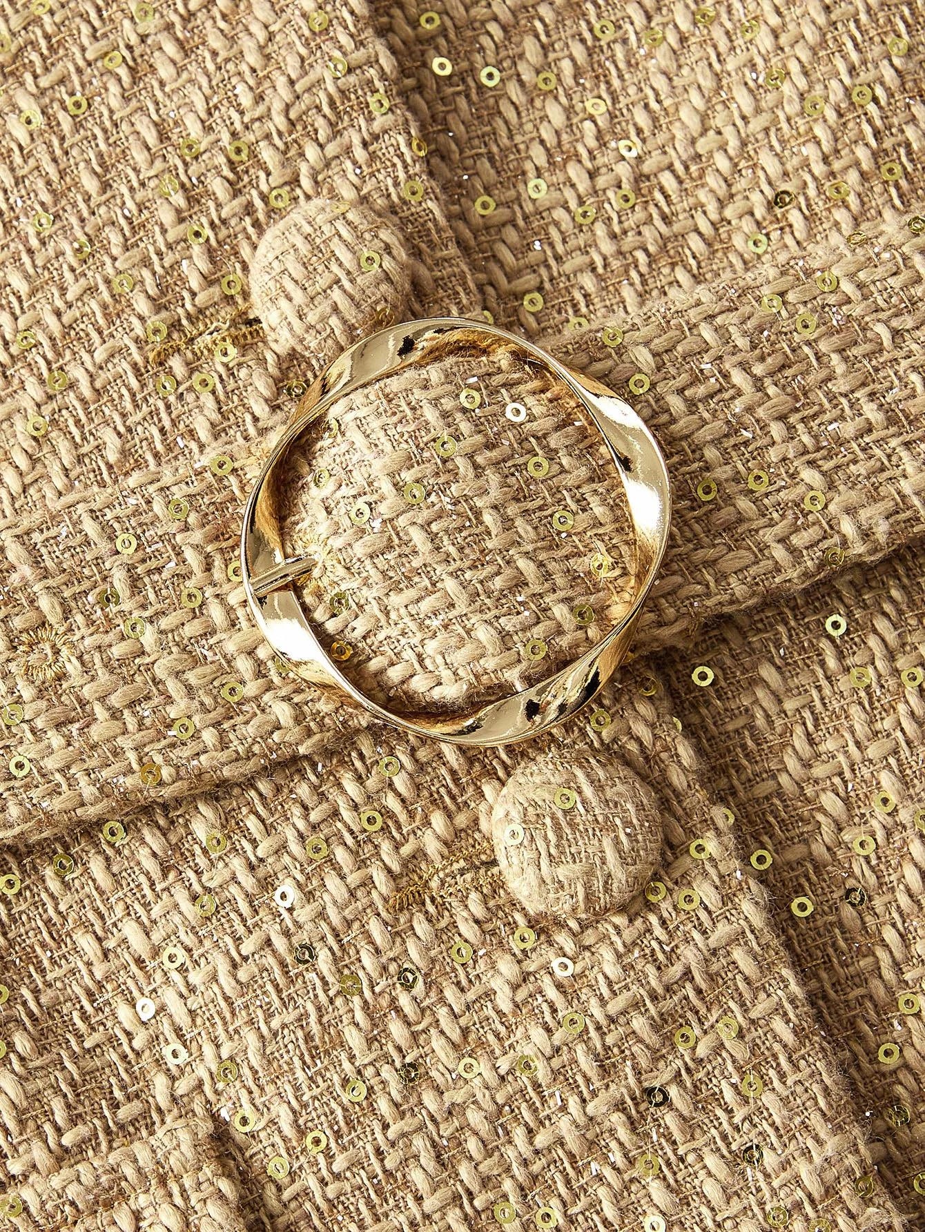 PREMIUM TWEED SEQUINS LAPEL COLLAR FLAP POCKET BUCKLE BELTED OVERCOAT