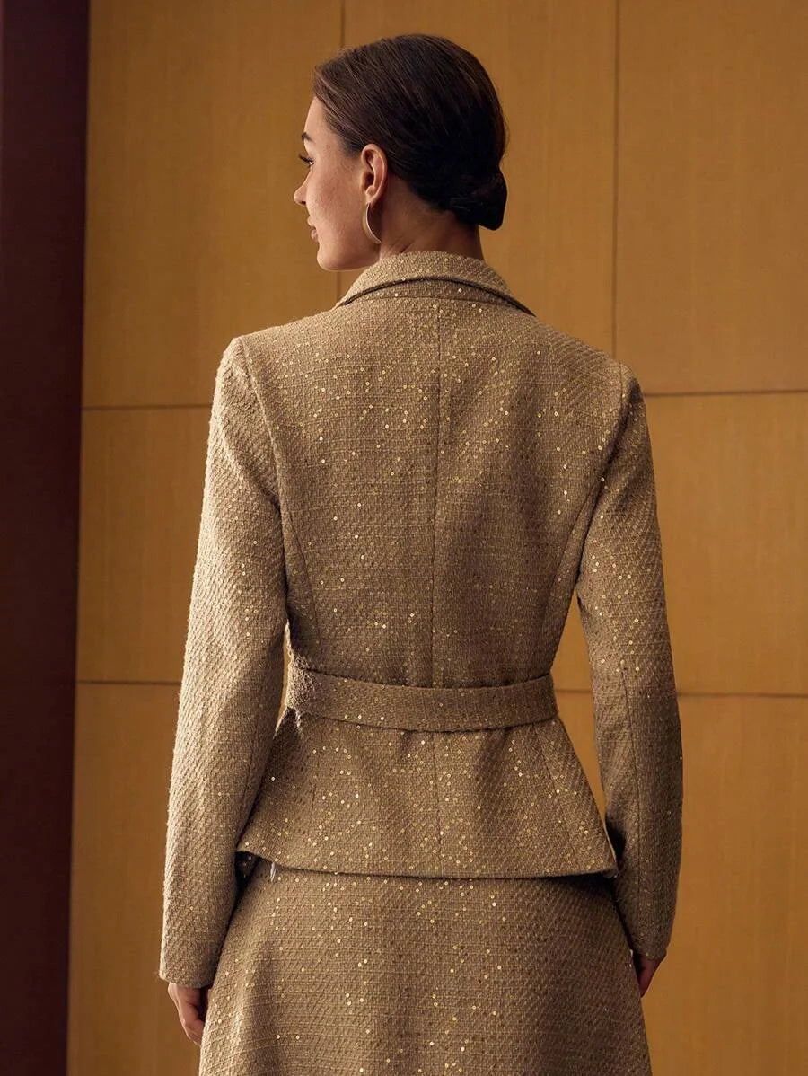 PREMIUM TWEED SEQUINS LAPEL COLLAR FLAP POCKET BUCKLE BELTED OVERCOAT