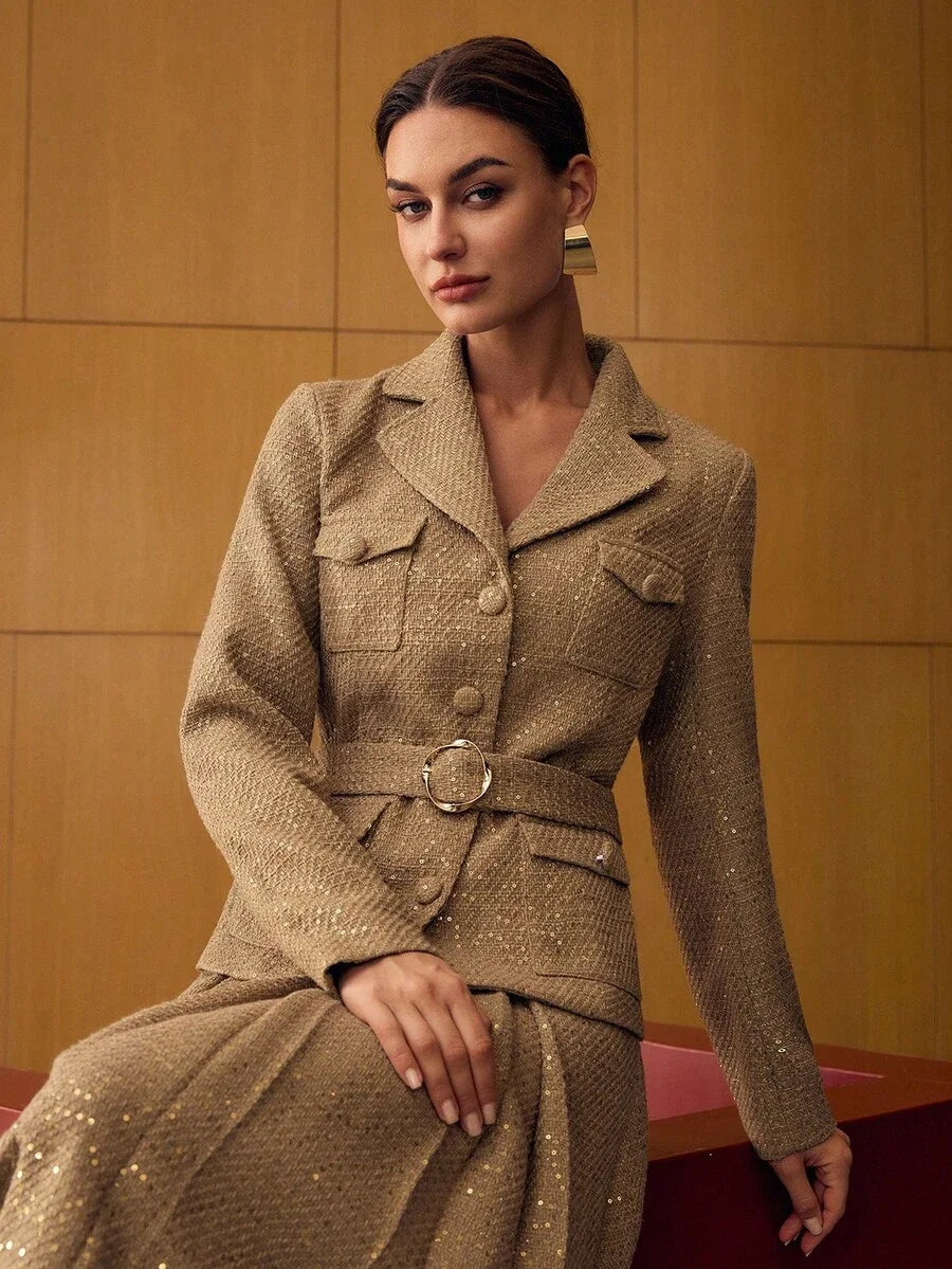 PREMIUM TWEED SEQUINS LAPEL COLLAR FLAP POCKET BUCKLE BELTED OVERCOAT
