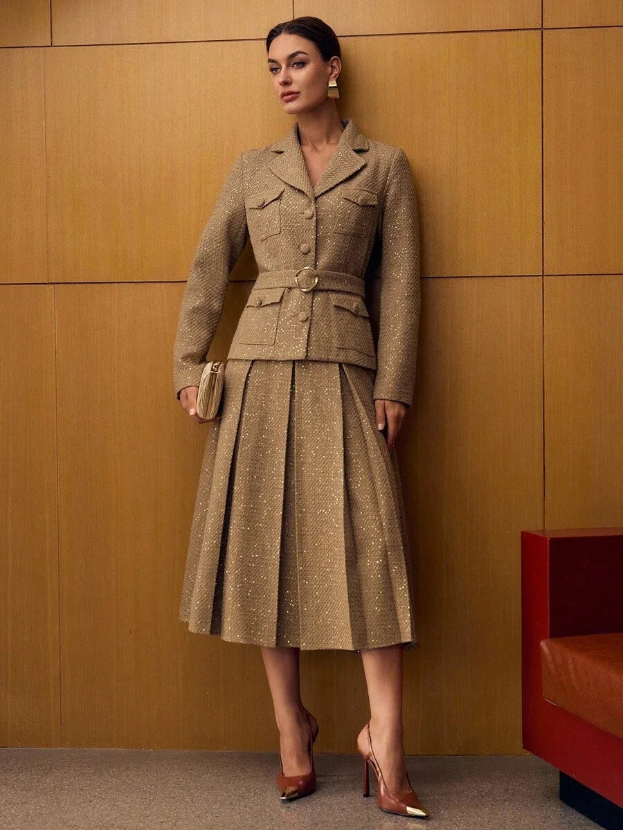 PREMIUM TWEED SEQUINS LAPEL COLLAR FLAP POCKET BUCKLE BELTED OVERCOAT