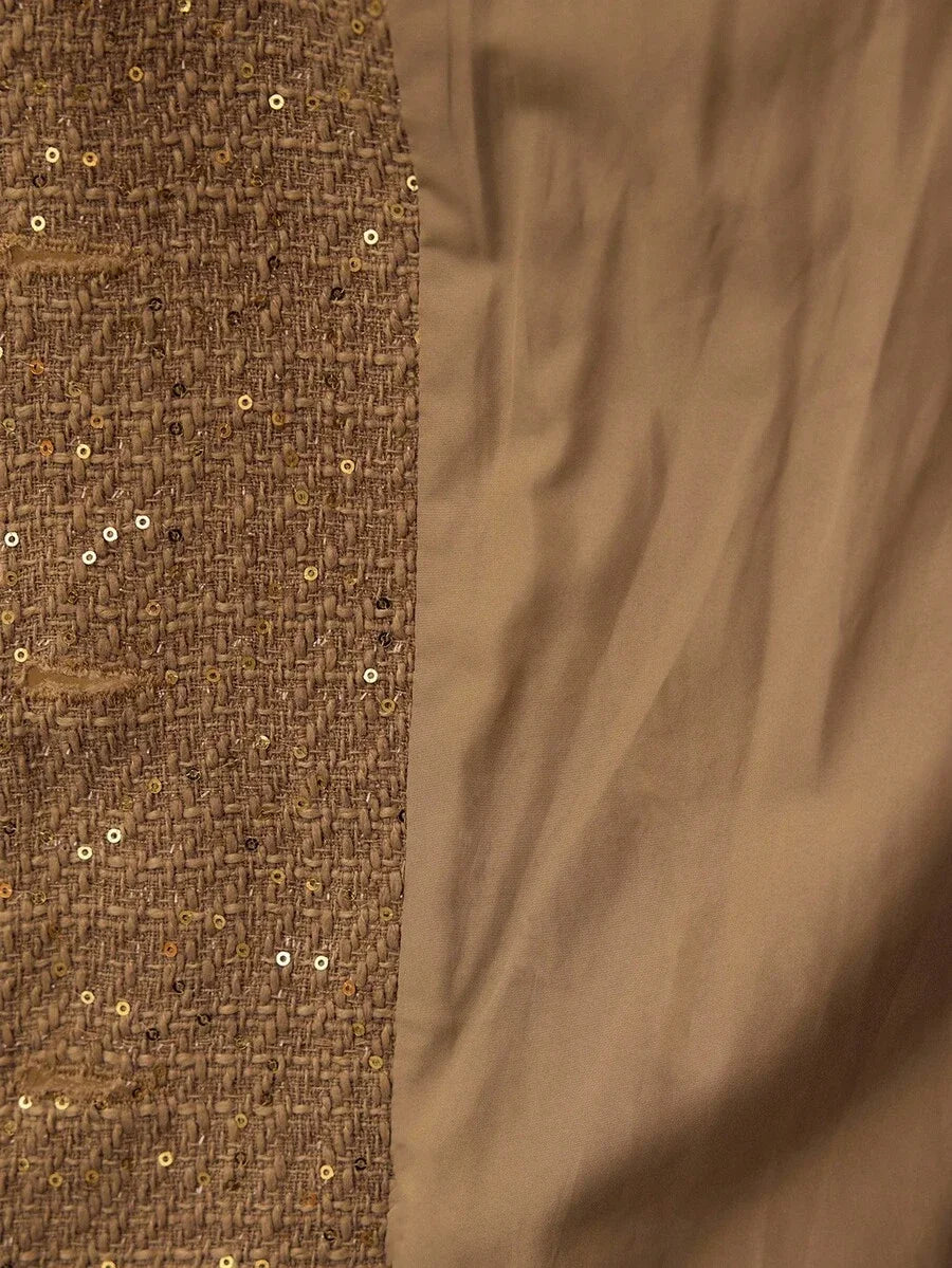 PREMIUM TWEED SEQUINS LAPEL COLLAR FLAP POCKET BUCKLE BELTED OVERCOAT