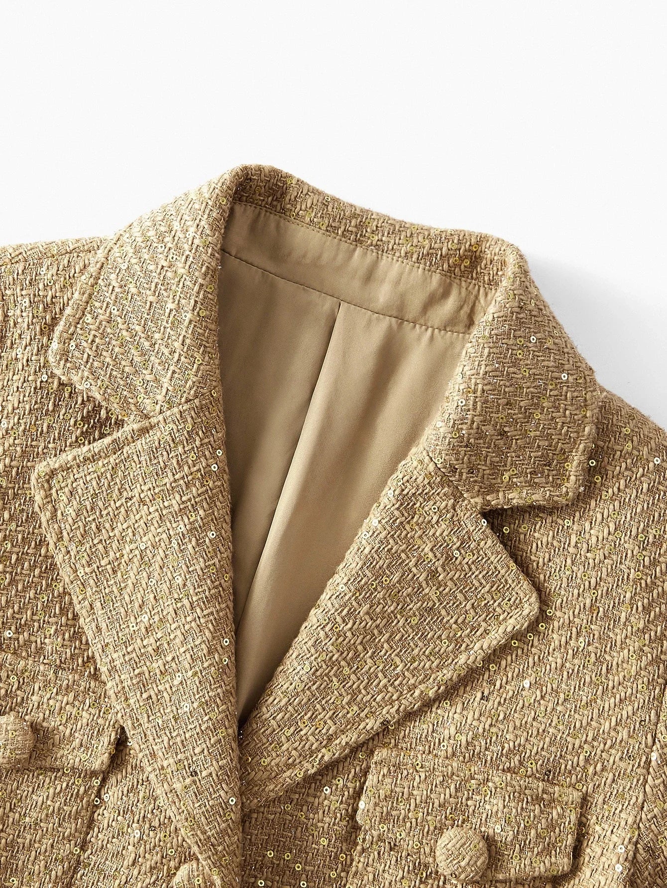 PREMIUM TWEED SEQUINS LAPEL COLLAR FLAP POCKET BUCKLE BELTED OVERCOAT