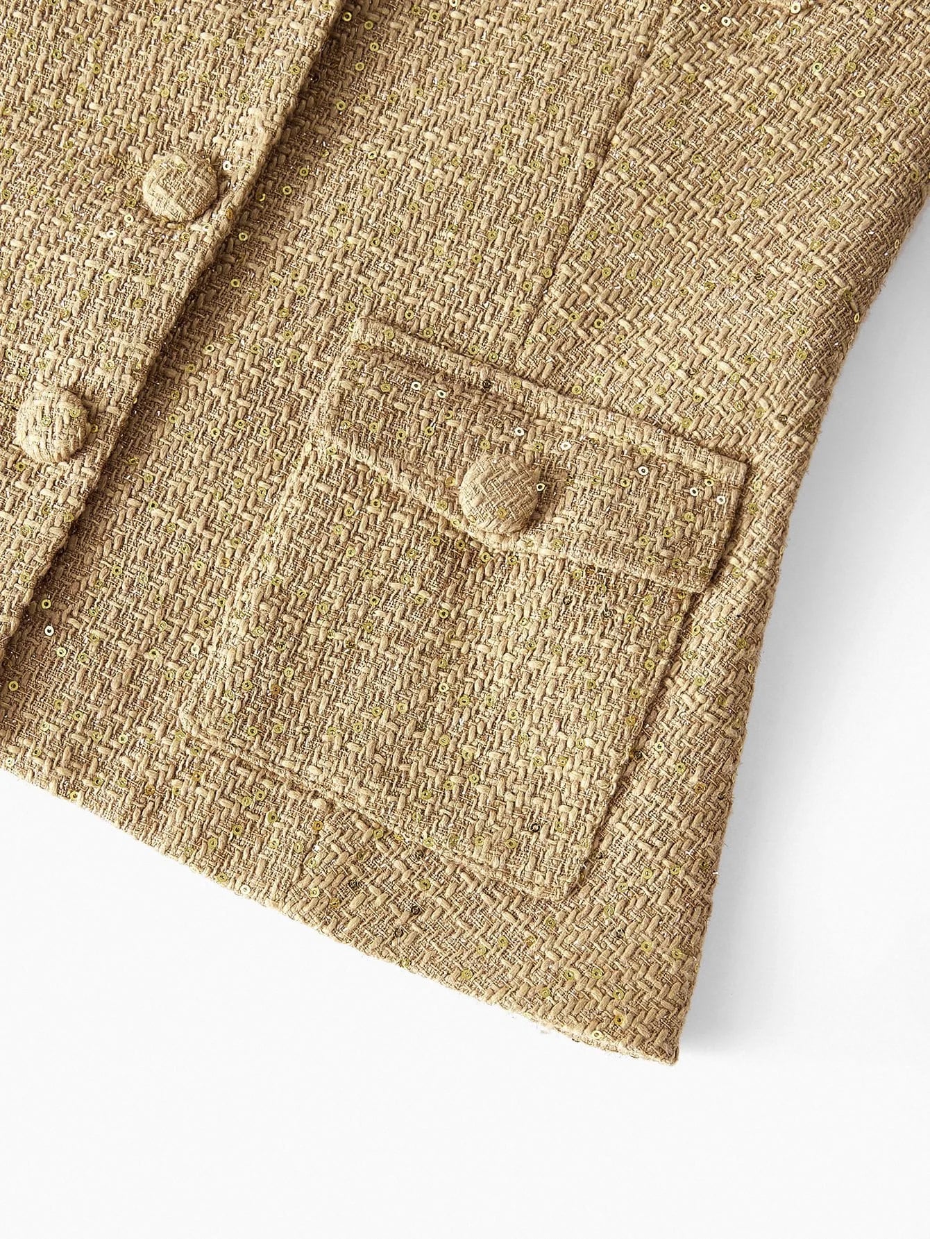 PREMIUM TWEED SEQUINS LAPEL COLLAR FLAP POCKET BUCKLE BELTED OVERCOAT