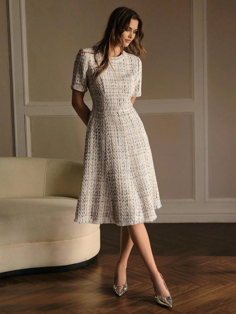 PREMIUM TWEED SHORT SLEEVE ROUND NECK MERMAID DRESS