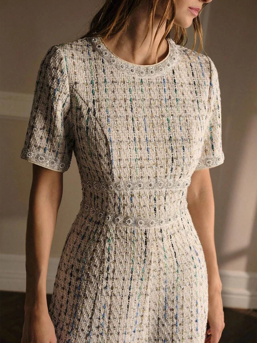 PREMIUM TWEED SHORT SLEEVE ROUND NECK MERMAID DRESS