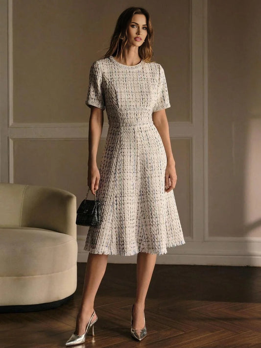 PREMIUM TWEED SHORT SLEEVE ROUND NECK MERMAID DRESS