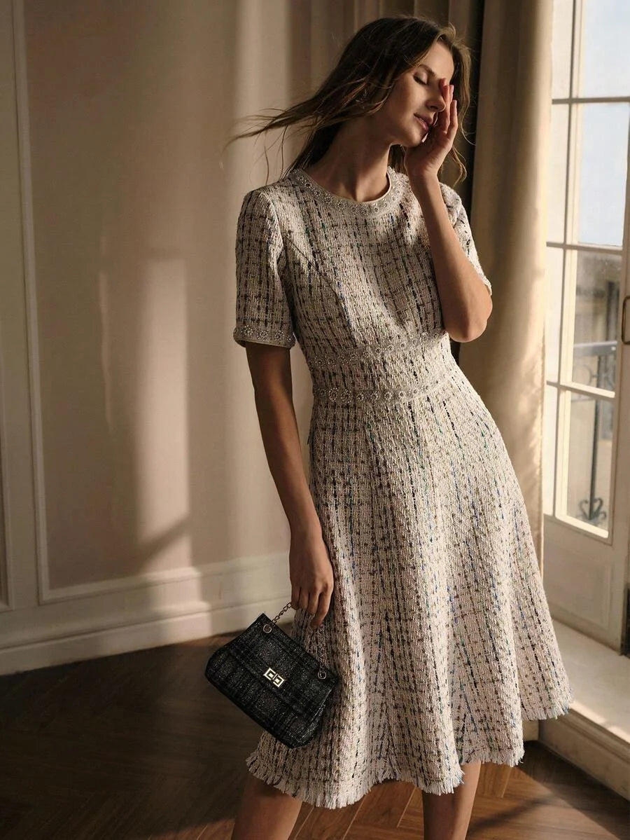 PREMIUM TWEED SHORT SLEEVE ROUND NECK MERMAID DRESS