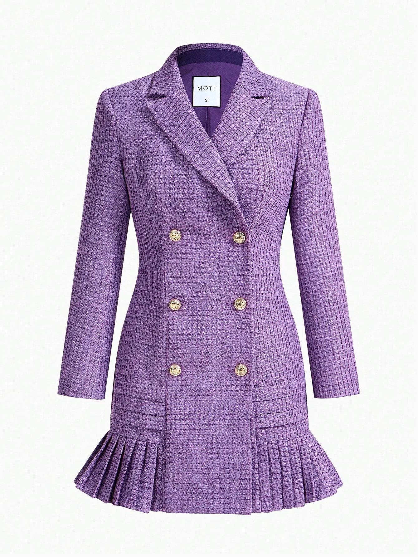 PREMIUM TWEED SOLID LAPEL COLLAR PLEATED HEM DOUBLE BREASTED PLACKET SHORT DRESS