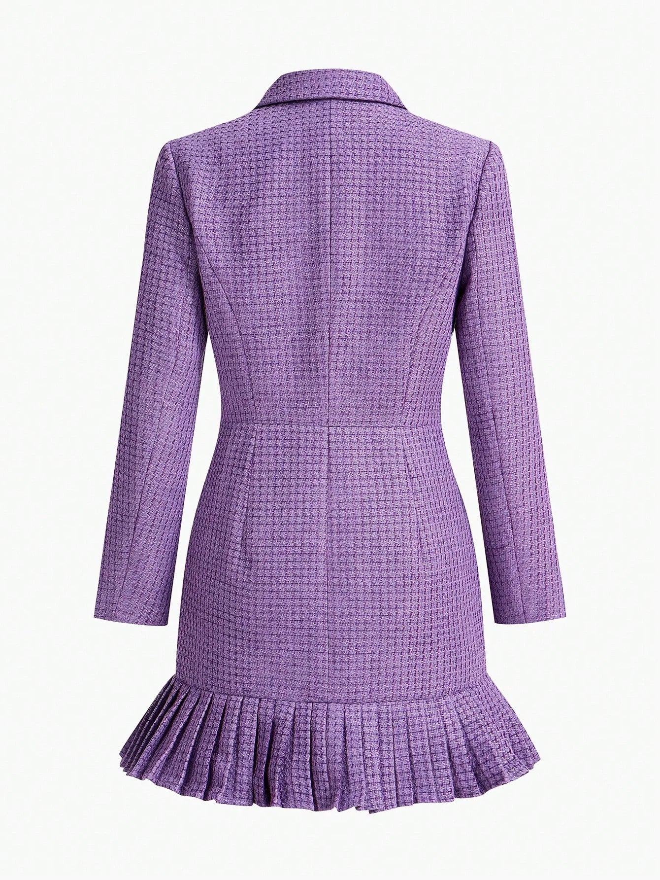 PREMIUM TWEED SOLID LAPEL COLLAR PLEATED HEM DOUBLE BREASTED PLACKET SHORT DRESS