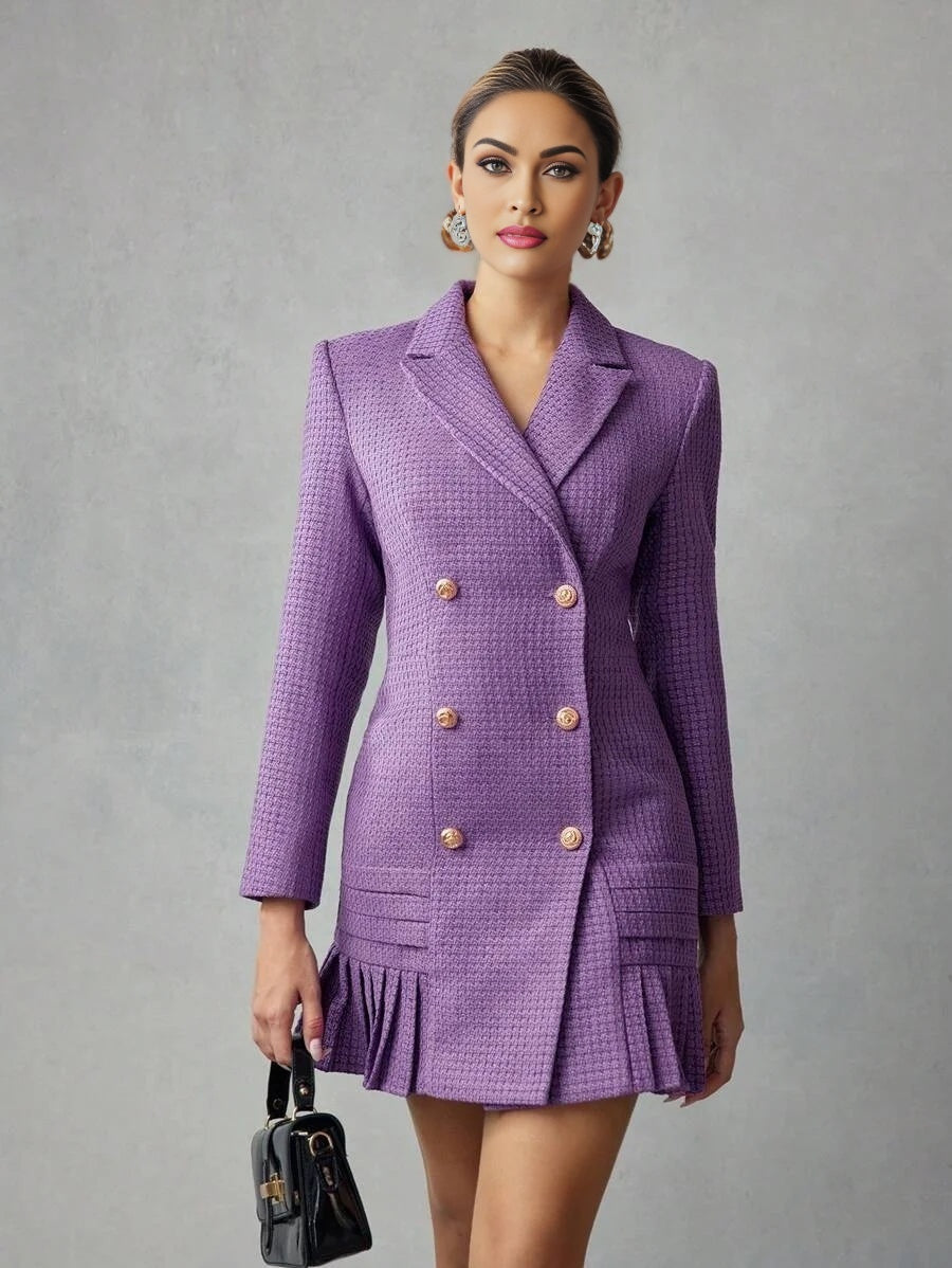 PREMIUM TWEED SOLID LAPEL COLLAR PLEATED HEM DOUBLE BREASTED PLACKET SHORT DRESS
