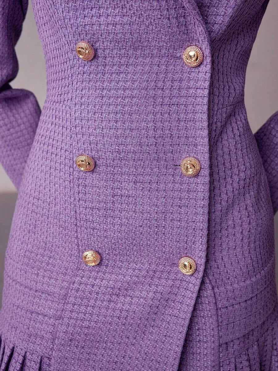 PREMIUM TWEED SOLID LAPEL COLLAR PLEATED HEM DOUBLE BREASTED PLACKET SHORT DRESS