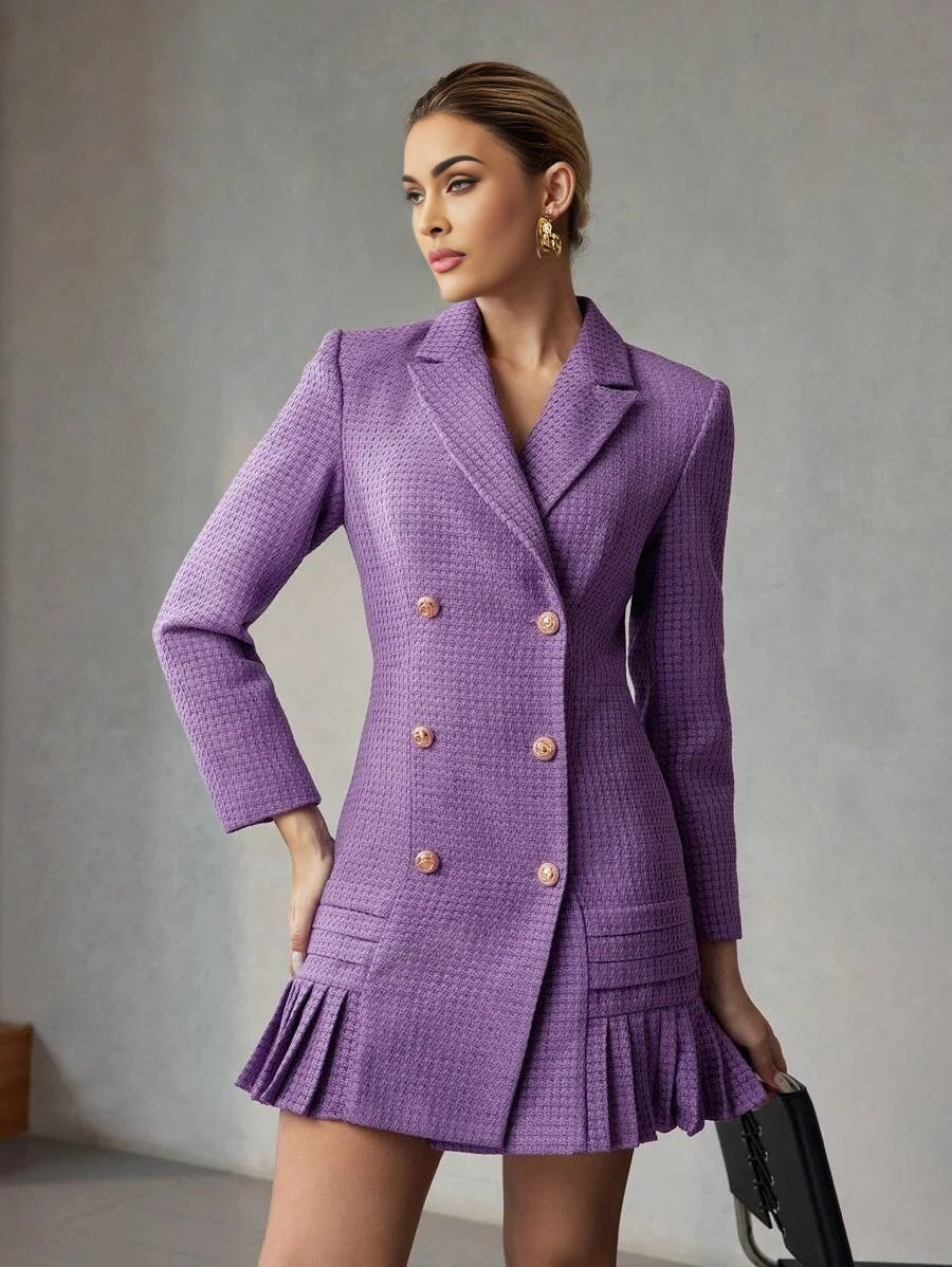 PREMIUM TWEED SOLID LAPEL COLLAR PLEATED HEM DOUBLE BREASTED PLACKET SHORT DRESS