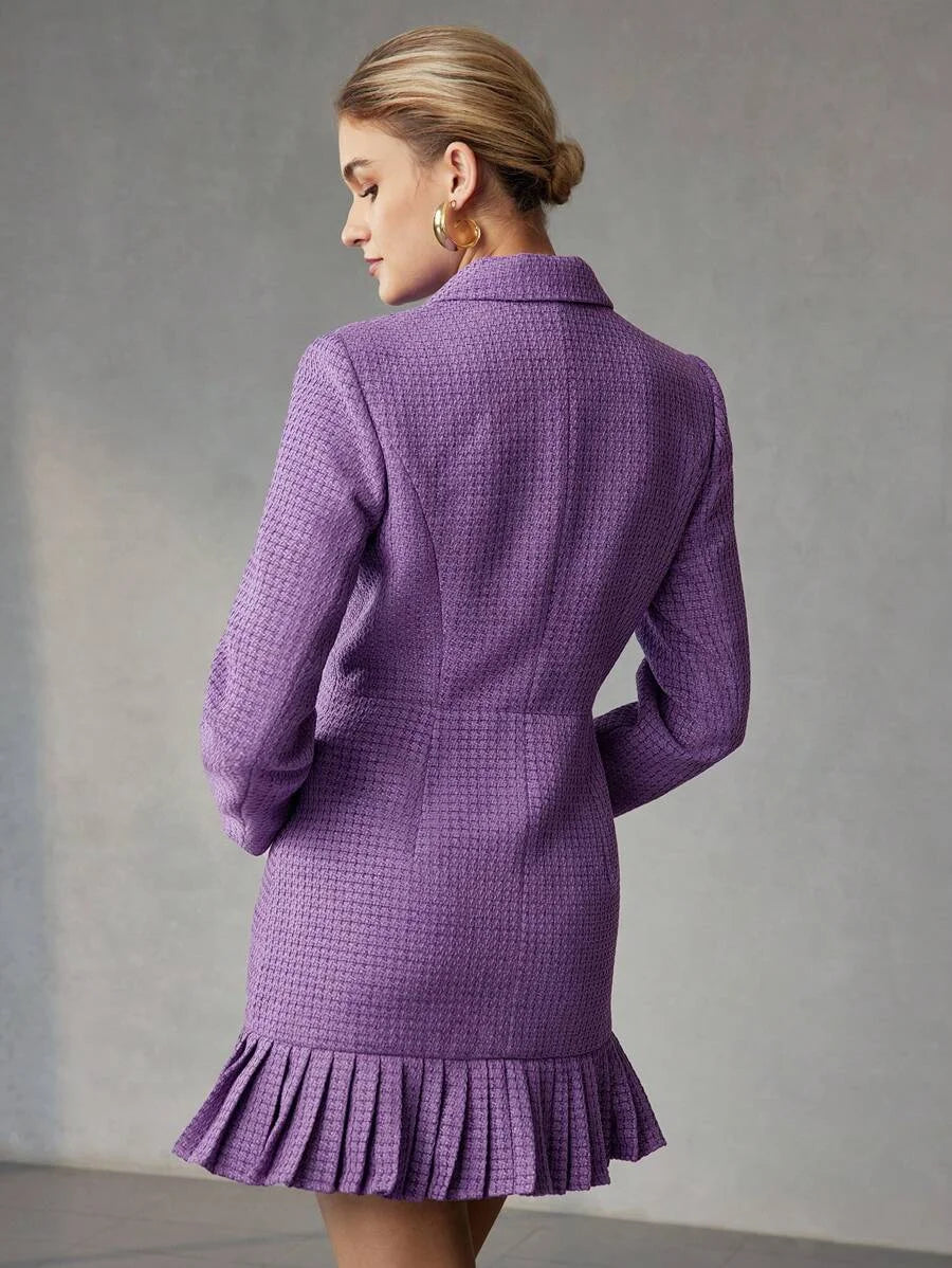 PREMIUM TWEED SOLID LAPEL COLLAR PLEATED HEM DOUBLE BREASTED PLACKET SHORT DRESS