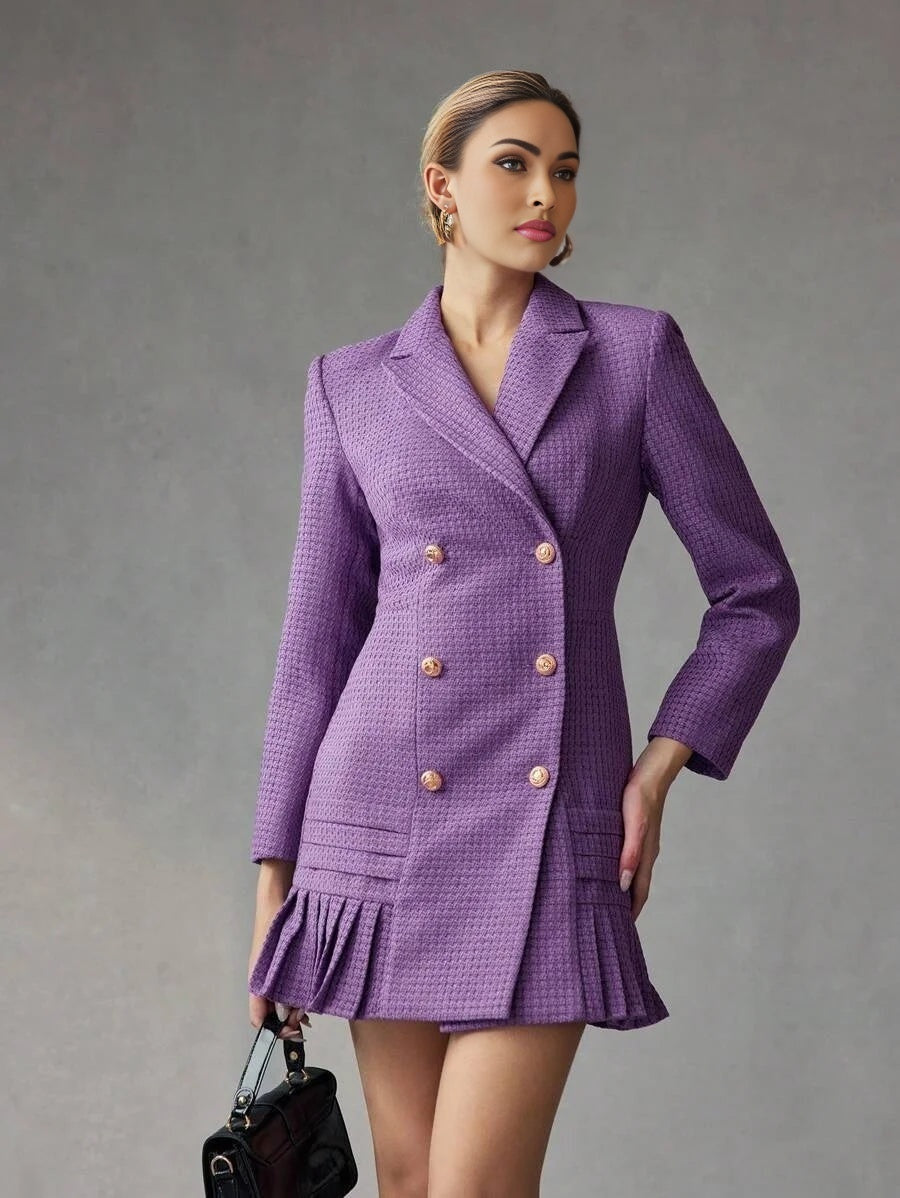 PREMIUM TWEED SOLID LAPEL COLLAR PLEATED HEM DOUBLE BREASTED PLACKET SHORT DRESS