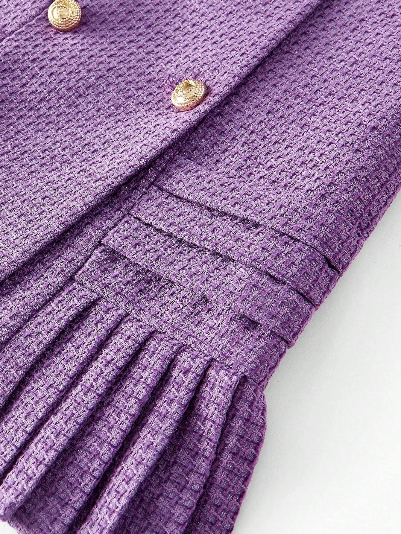 PREMIUM TWEED SOLID LAPEL COLLAR PLEATED HEM DOUBLE BREASTED PLACKET SHORT DRESS