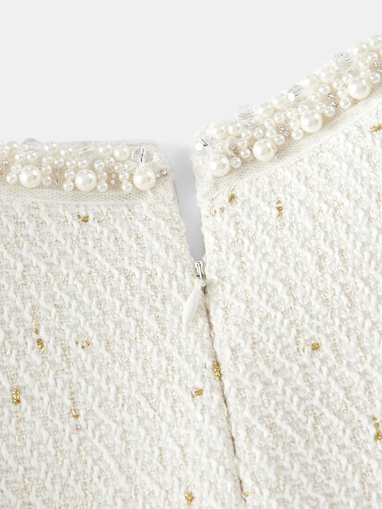 PREMIUM TWEED SQUARE NECK FAUX PEARL TRIM FUZZY CUFF SHORT DRESS