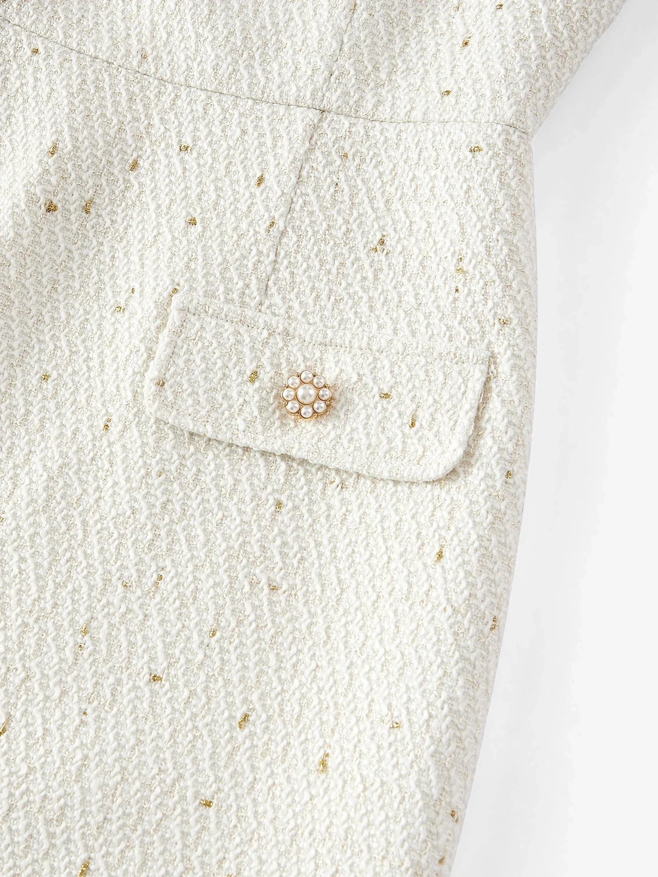 PREMIUM TWEED SQUARE NECK FAUX PEARL TRIM FUZZY CUFF SHORT DRESS