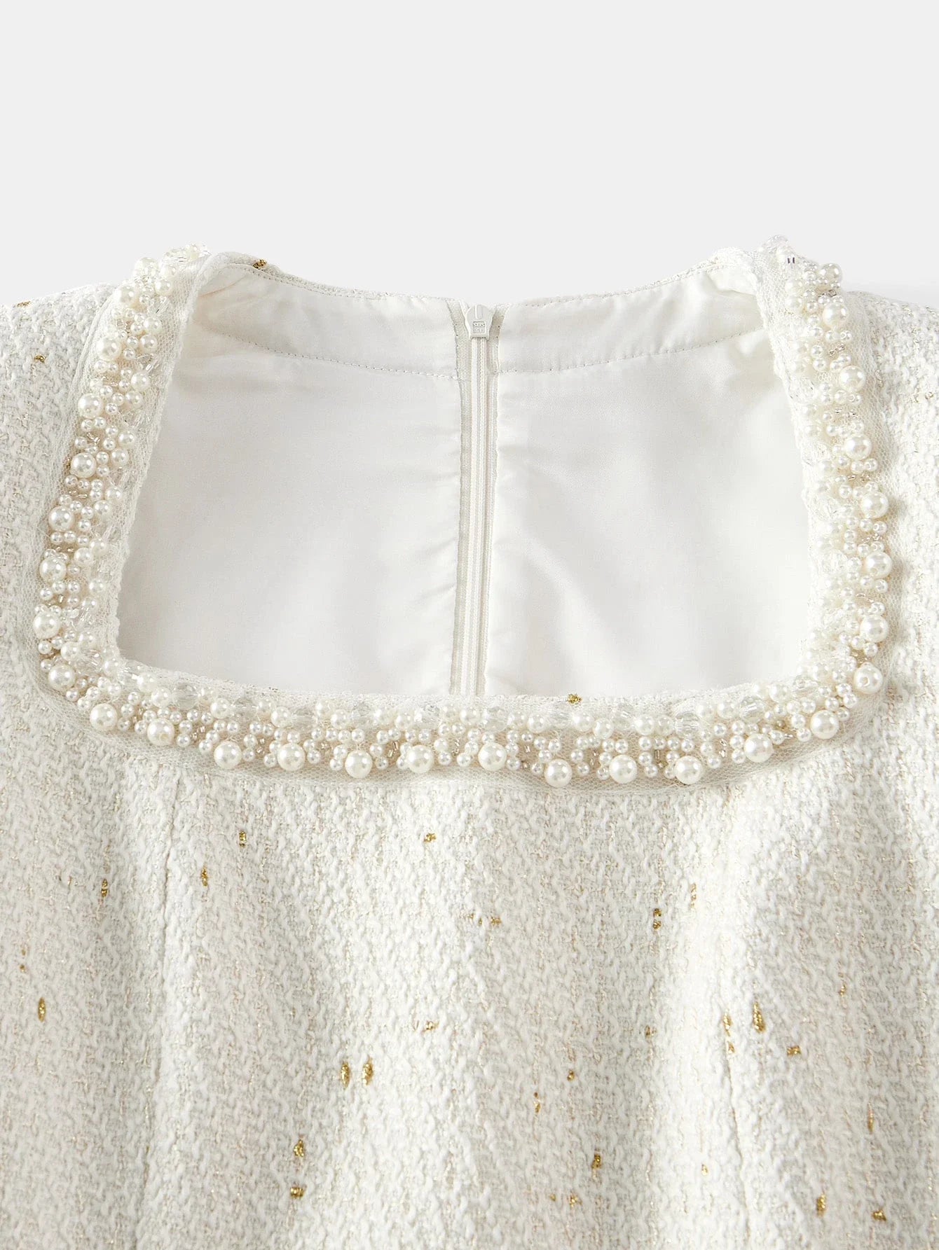 PREMIUM TWEED SQUARE NECK FAUX PEARL TRIM FUZZY CUFF SHORT DRESS