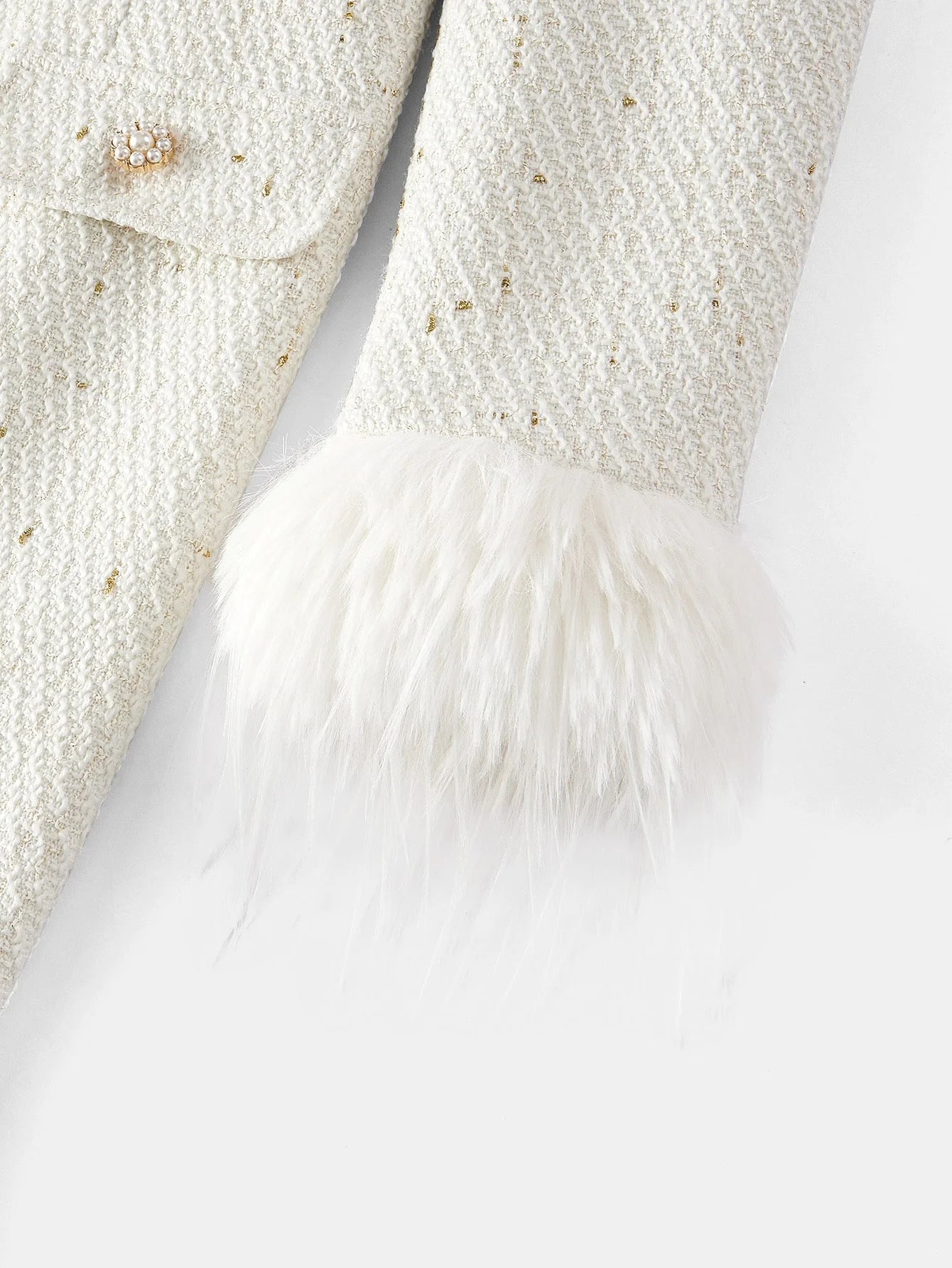 PREMIUM TWEED SQUARE NECK FAUX PEARL TRIM FUZZY CUFF SHORT DRESS