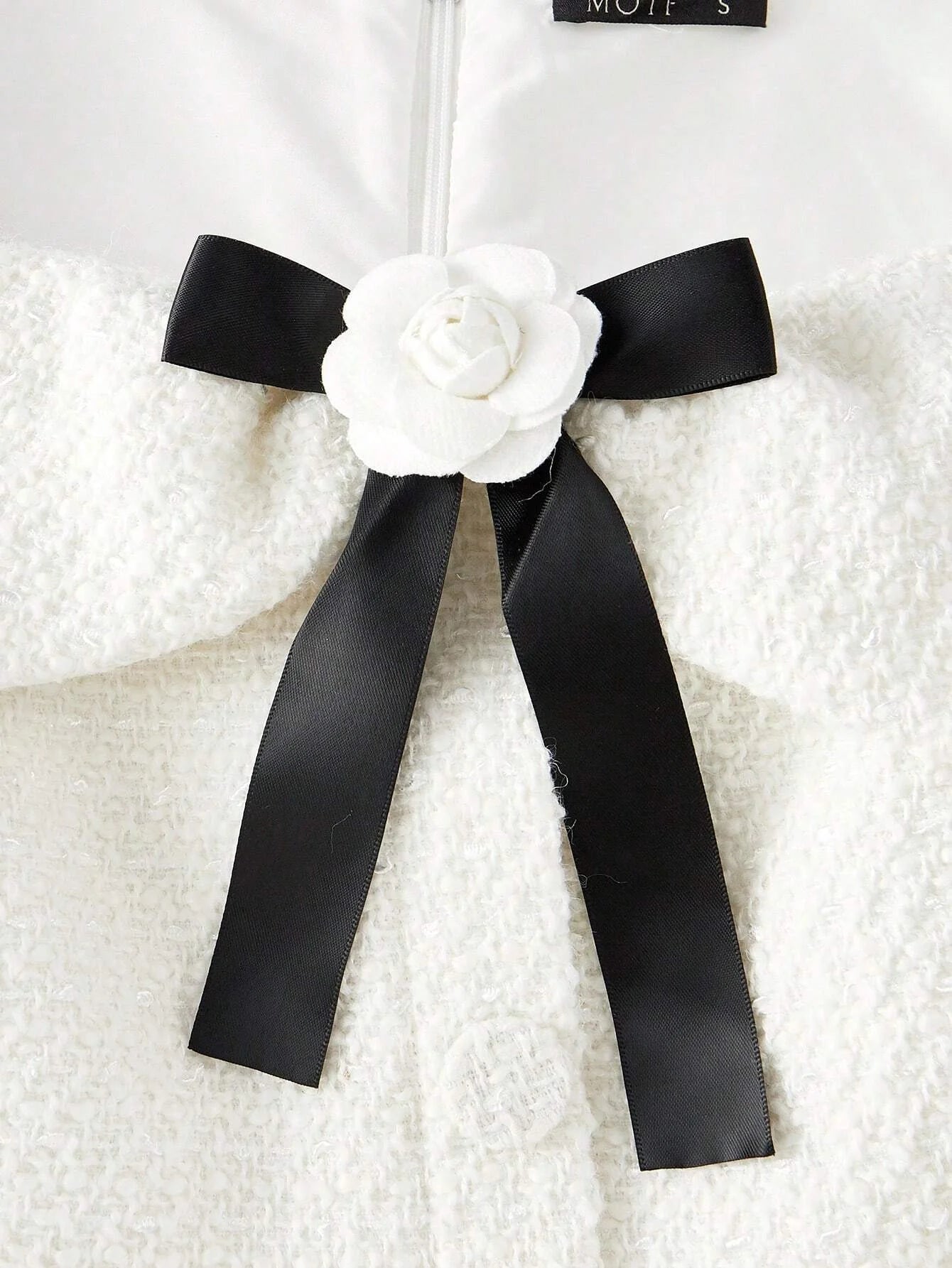 PREMIUM TWEED SWEETHEART NECK CONTRAST STEREO FLOWER BOW FRONT MERMAID HEM MIDI DRESS