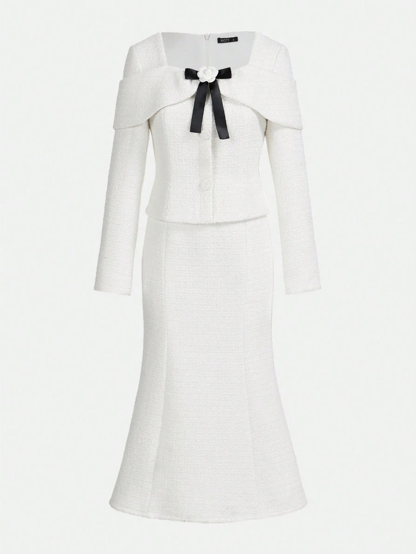 PREMIUM TWEED SWEETHEART NECK CONTRAST STEREO FLOWER BOW FRONT MERMAID HEM MIDI DRESS