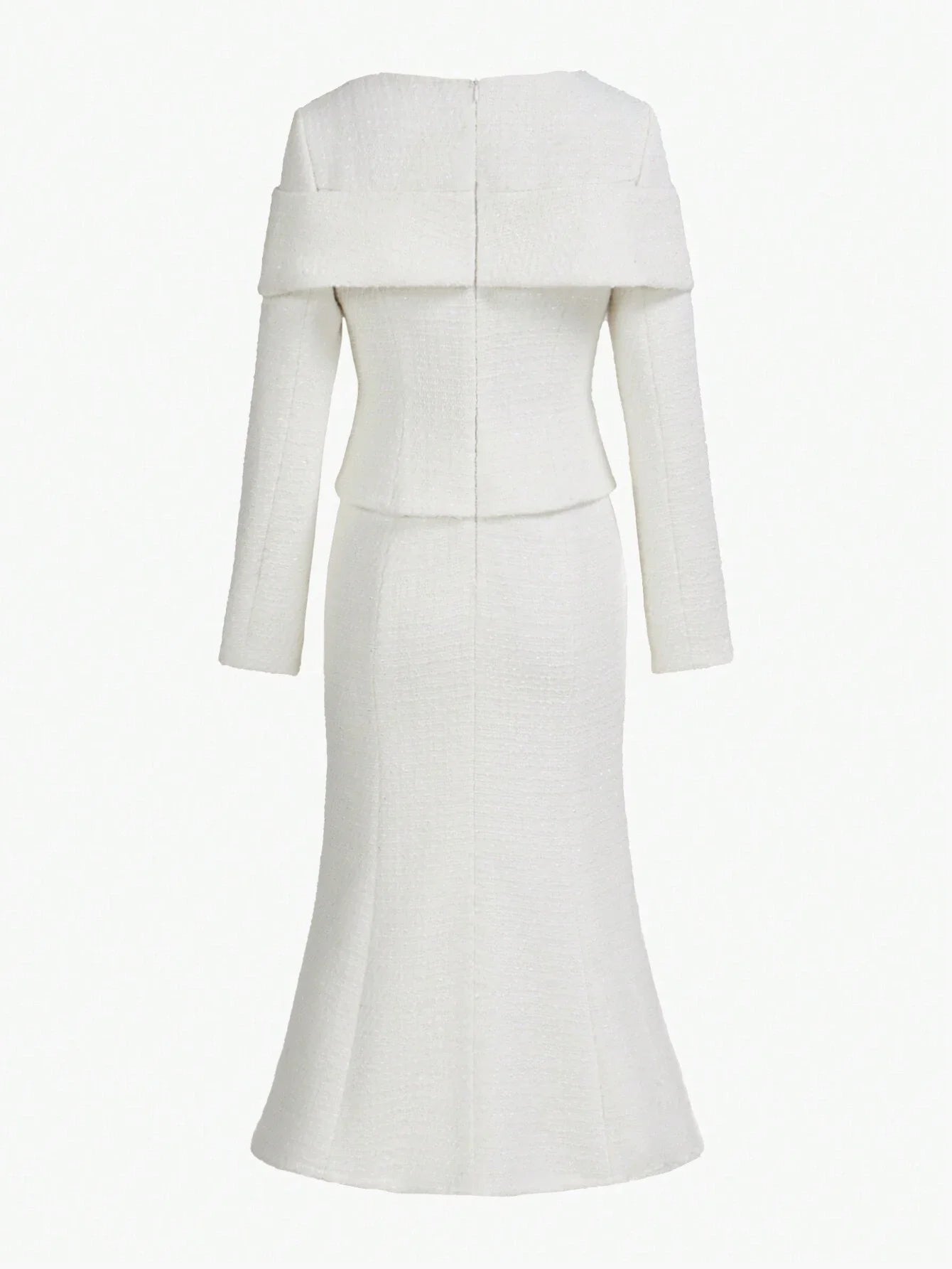 PREMIUM TWEED SWEETHEART NECK CONTRAST STEREO FLOWER BOW FRONT MERMAID HEM MIDI DRESS