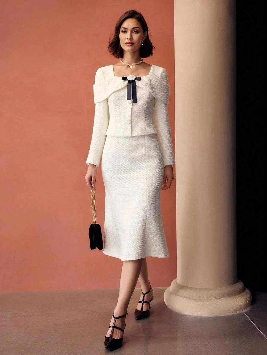 PREMIUM TWEED SWEETHEART NECK CONTRAST STEREO FLOWER BOW FRONT MERMAID HEM MIDI DRESS