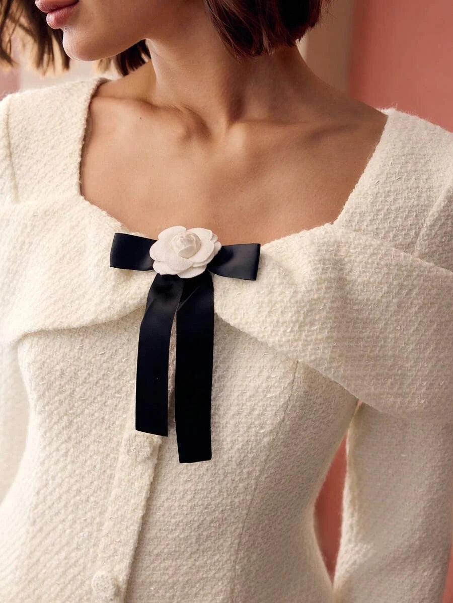 PREMIUM TWEED SWEETHEART NECK CONTRAST STEREO FLOWER BOW FRONT MERMAID HEM MIDI DRESS