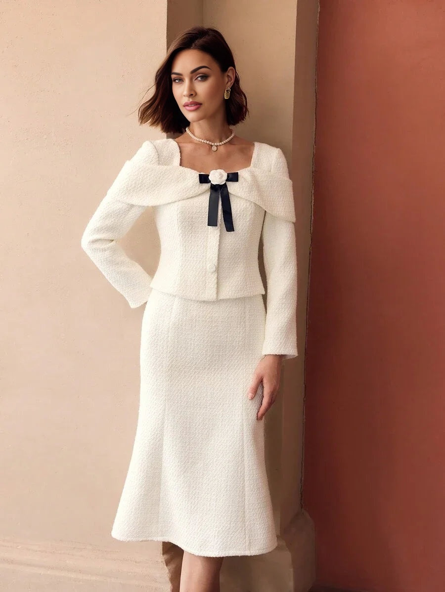 PREMIUM TWEED SWEETHEART NECK CONTRAST STEREO FLOWER BOW FRONT MERMAID HEM MIDI DRESS