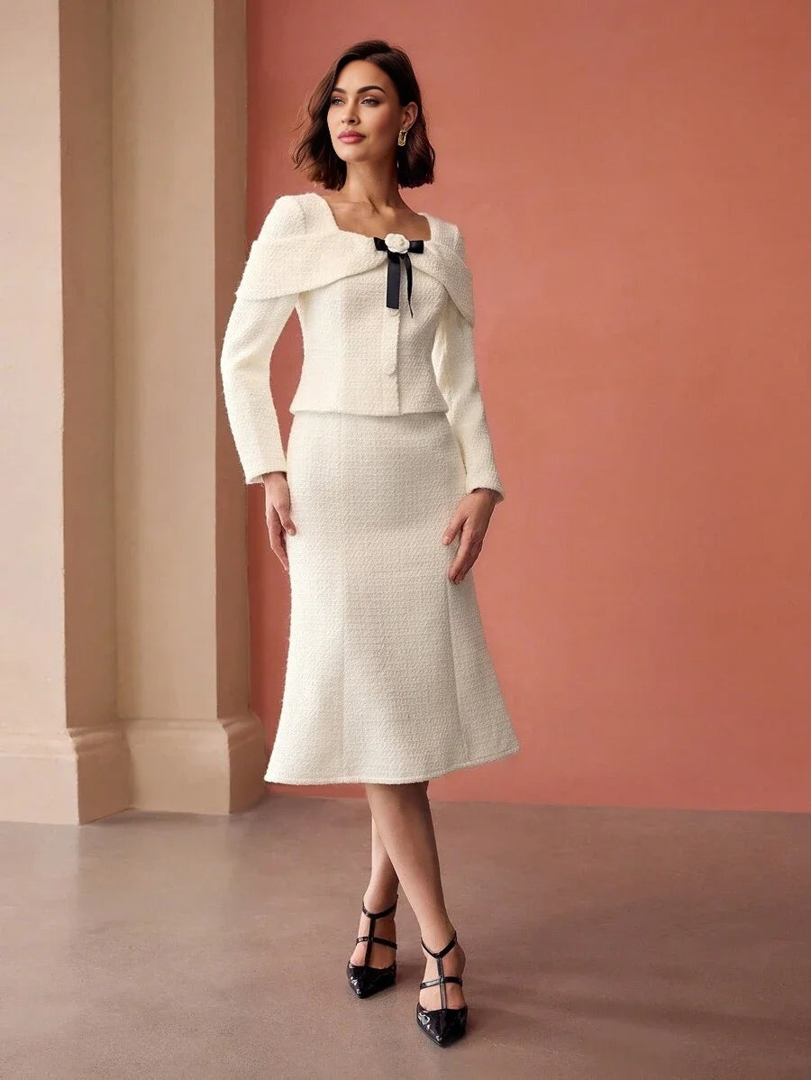 PREMIUM TWEED SWEETHEART NECK CONTRAST STEREO FLOWER BOW FRONT MERMAID HEM MIDI DRESS