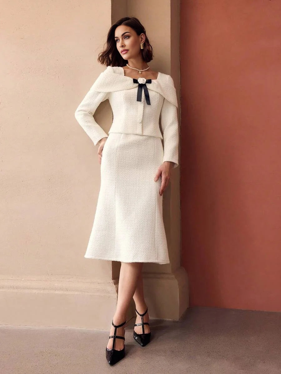 PREMIUM TWEED SWEETHEART NECK CONTRAST STEREO FLOWER BOW FRONT MERMAID HEM MIDI DRESS