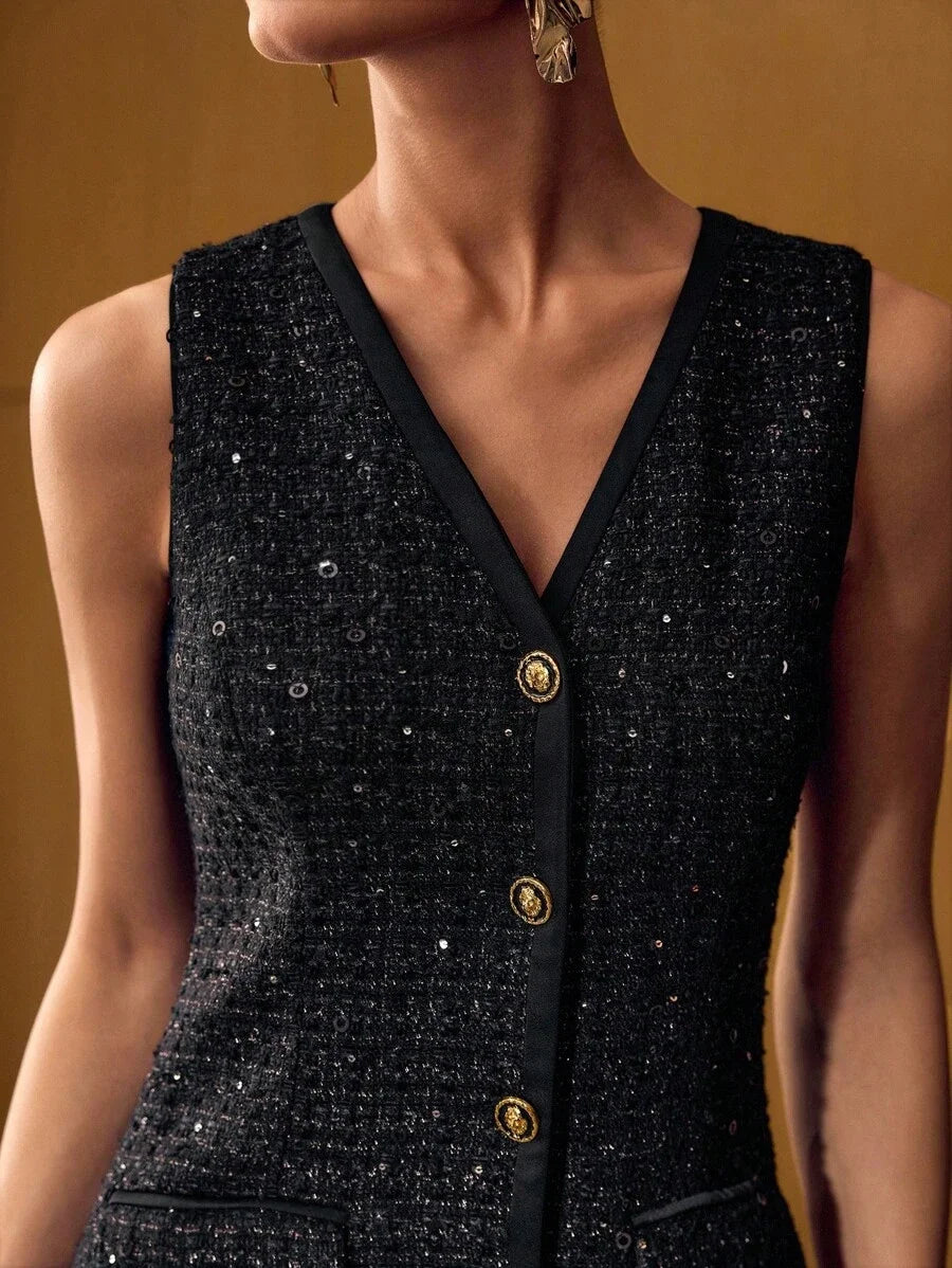 PREMIUM TWEED VNECK BUTTON UP DRESS