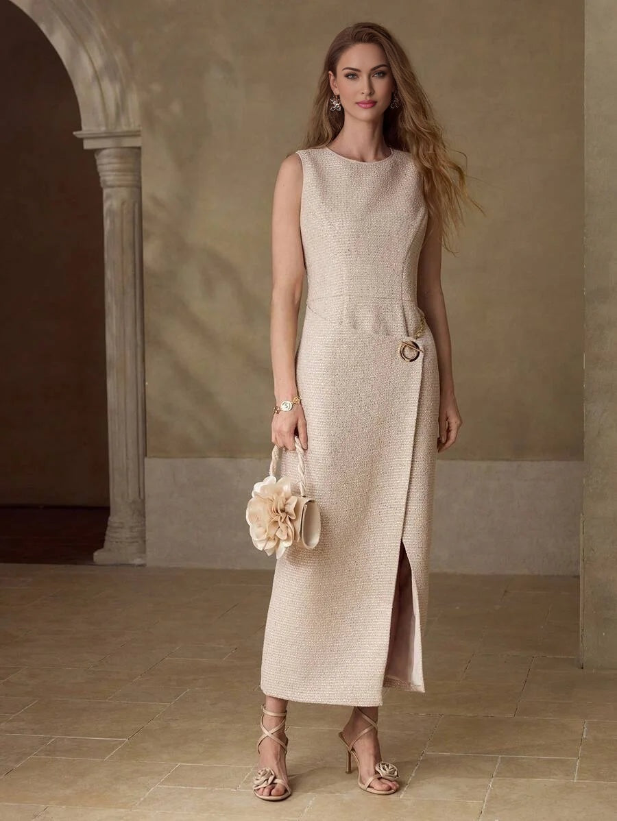 PREMIUM TWEED WRAP SLEEVELESS DRESS
