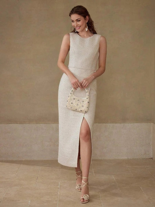 PREMIUM TWEED WRAP SLEEVELESS DRESS