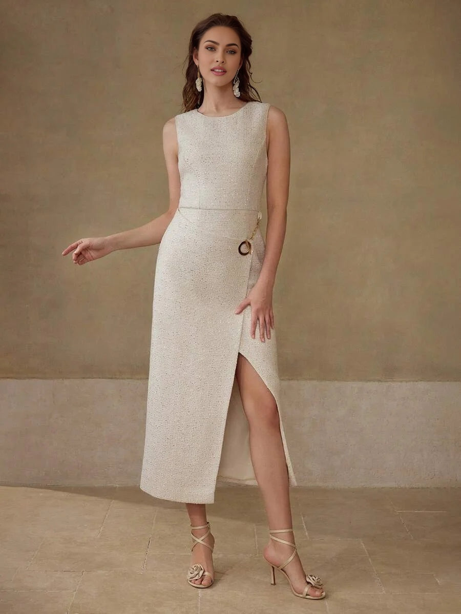 PREMIUM TWEED WRAP SLEEVELESS DRESS