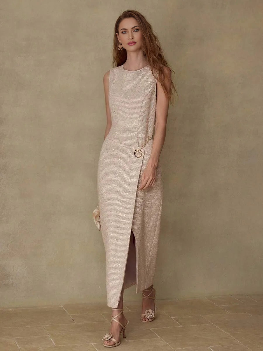 PREMIUM TWEED WRAP SLEEVELESS DRESS