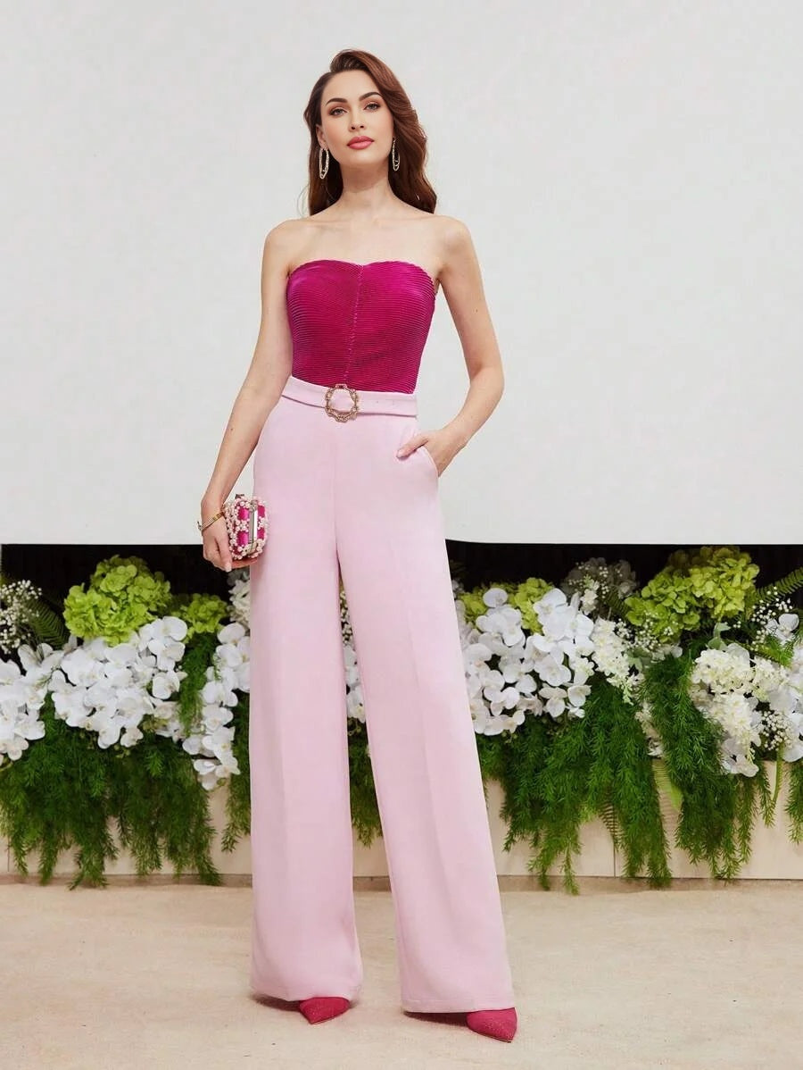 PREMIUM TWO TONE BUCKLE BELTED TUBE JUMPSUIT